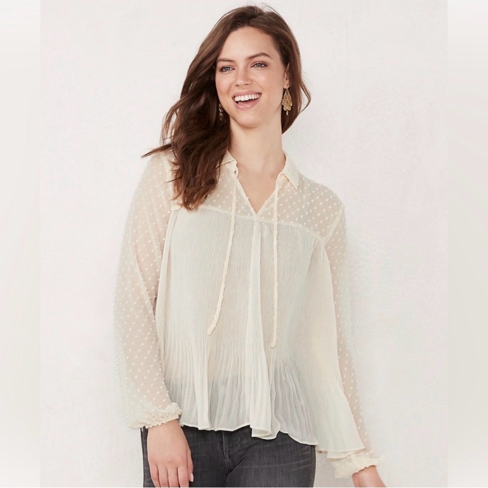 Women's Long Sleeve Cream Sheer Boho Peasant Shirt Size Large Lauren Conrad